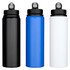 A drink bottle set featuring three colours: black, blue, and white, with a top spout and a logo.