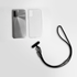 A grey smartphone, a clear phone case, and a black data and charging lanyard are displayed together.