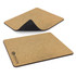 A cork mouse mat featuring a smooth top surface and a black underside, with a branding logo on one side.