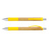 A bamboo pen with a yellow grip and clip, featuring a silver metal tip and accents. It has a branding logo.