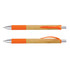 A bamboo pen with silver and bright orange accents, featuring a textured grip and a clip. The pen has a logo.