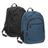 A black and a blue backpack, featuring multiple zippered pockets and side mesh compartments. Both have branding.