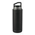 A black insulated drink bottle with a silver accent and a handle, featuring a logo on the front.