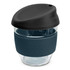 A drink bottle with a dark blue silicone sleeve and a black lid, made of clear borosilicate glass.