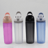 A drink bottle collection featuring pink, grey, black, and blue colours, each with a flip-top lid and handle.