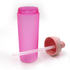 A drink bottle in translucent pink with a pink lid and a clear straw. It features a logo on the lid.