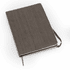 A brown eco notebook with a textured cover and a matching ribbon bookmark. It also features a logo.