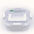A white lunch box with a transparent lid, featuring a logo on the top. It has a secure clasp for closure.