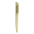 A gold metal ball pen with a clip and a logo on the body.