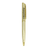 A gold metal ball pen with a clip and a logo on the body.