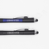 Two black pens with silver clips, featuring blue and grey accents, each with a logo and personalised name.