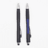 Two retractable pens in black and blue with silver accents and textured grip, featuring a logo.