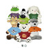 A collection of assorted plush toys including a frog, bunny, zebra, giraffe, bear, and wolf, each wearing colourful shirts.