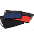 A collection of three drawstring bags in black, red, and blue, featuring adjustable cords and a logo.