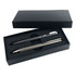 An executive metal pen gift set in a black box, featuring a chrome pen and a matte black pen.