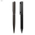 A sleek black metal pen gift set featuring two pens with different designs. Each pen has a clip and a logo.