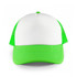 A trucker mesh cap featuring a white front and bright green visor and mesh sides, with a logo on the front.