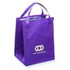 A purple insulated grocery tote with two handles and a logo on the front.