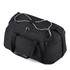A black travel duffel bag with multiple zippered compartments and sturdy handles, featuring a logo.
