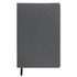 A grey notebook with a textured cover and a black ribbon bookmark, featuring a logo on the front.