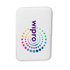 A white wireless charging power bank with a colourful circular logo and a smooth finish.