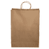 A brown paper shopping bag with handles, featuring a plain surface and rectangular shape.