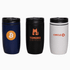 A drink bottle set featuring a navy blue, black, and white vacuum cup, each with a logo.