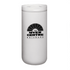 A drink bottle in white with a black logo, featuring a sleek vacuum design. Ideal for keeping beverages at temperature.