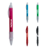 A selection of plastic pens in pink, blue, green, red, and black, each with a clip and a branded logo.