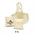 A natural cotton mesh tote bag with two folded bags, featuring a logo on one of the smaller bags.