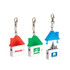 A house-shaped tool set in red, green, and blue with keychain clips, featuring a logo on each item.