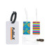 Three luggage tags in various colours, including a plain white tag with a logo and two patterned tags with designs.