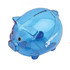 A blue pig-shaped coin bank with a slot for coins, featuring a small logo on the side.