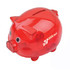 A red pig-shaped coin bank with a slot on top and a transparent body. Features a logo on the side.