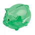 A transparent green pig-shaped coin bank with a slot for inserting coins and a branding logo.