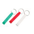 A drink bottle opener set in green, red, and white, featuring keyring attachments and a simple design.