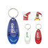 A drink bottle opener in blue, white, and red with a metal keyring, featuring a logo.