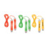 A set of rope skipping devices in red, green, and yellow with corresponding ropes and a logo on the handles.