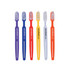 A set of six toothbrushes in purple, red, yellow, orange, white, and blue, each featuring a logo.