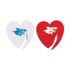 A heart-shaped letter opener set featuring a white and red design with a shark logo on each.