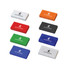 A collection of rectangular erasers in white, red, green, blue, black, and orange, featuring a logo on each.
