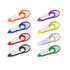 A set of avocado cutters in various colours, including orange, purple, yellow, white, black, green, and red, each with a logo.