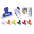 A collection of coloured clip products in blue, white, orange, red, green, black, and yellow, featuring a logo.