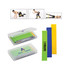 A set of colourful resistance bands in green, blue, yellow, and red, housed in a transparent storage case.