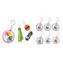 A selection of colourful keychains with clips, including assorted designs and a green bag holder.