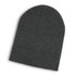 A dark grey slouch beanie displayed flat, featuring a simple design and a logo.