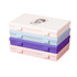 A stack of four rectangular boxes in pink, blue, and purple, featuring a logo on the top box.