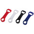A drink bottle opener featuring four colours: red, white, black, and blue, each with a keyring design.