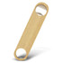A drink bottle opener made of light wood, featuring two circular openings and a metal tip. Includes a branding logo.