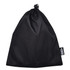 A black drawstring bag made of smooth material, featuring a toggle closure and a small tag.